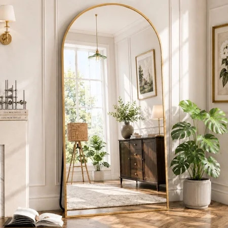 GRAHMCY 78" x 35.2" Arched Large Full Length Mirror Wall Mounted Floor Mirror with Stand, Gold | Walmart (US)