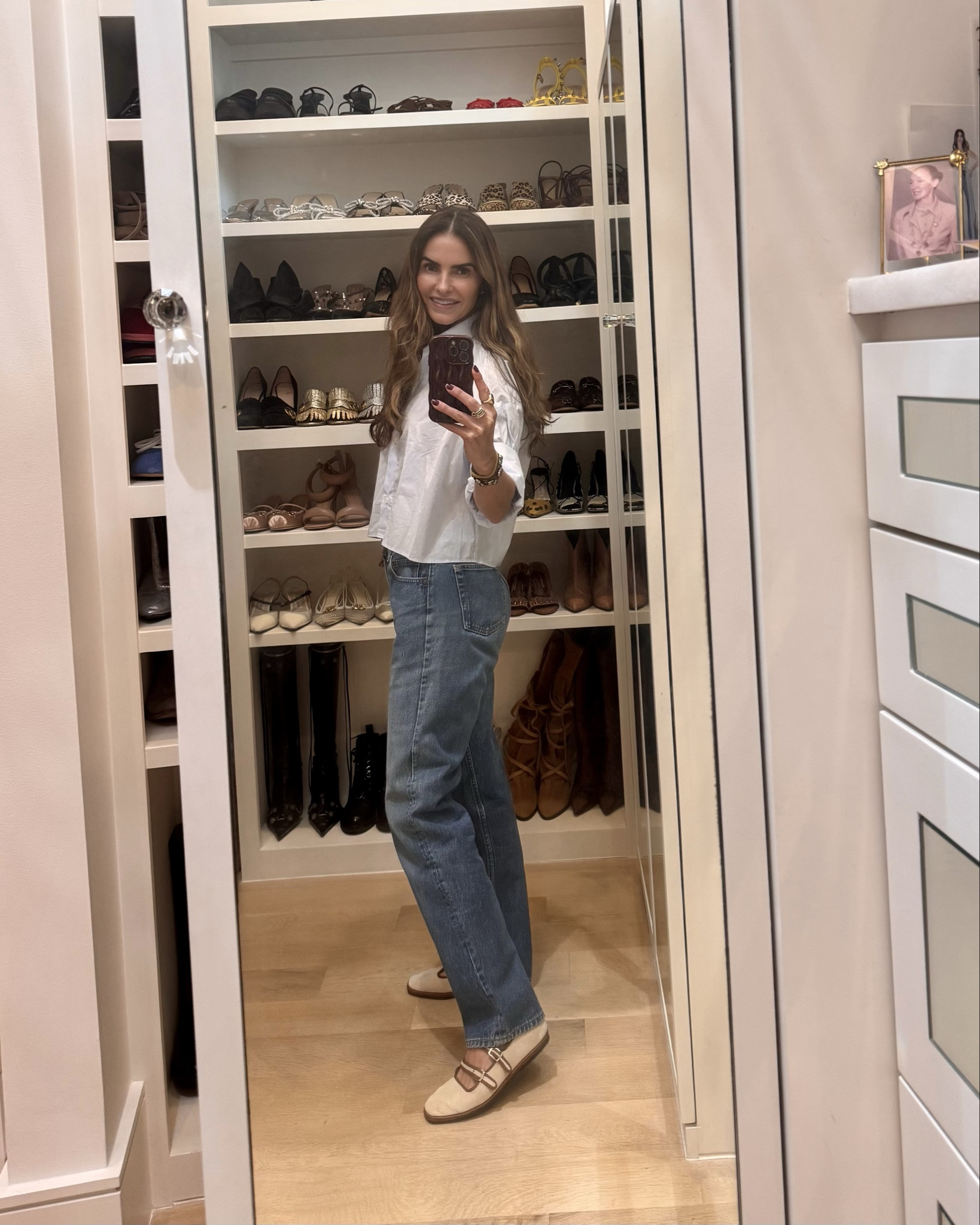 the only button-down you’ll ever need🩵 it’s updated with a sleeve that actually stays in place & doesn’t fall down (yes i’m wearing another one, lol i can’t stop) 

i’m more than obsessed i have like 4 different colors & fabrics rn 

it runs tts i wear the xs 

+ shop the shoes of fall 2025 they are the most comfy flats you’ll ever own 

& sunnies & my vintage denim too! 

#LTKStyleTip #LTKWorkwear #LTKShoeCrush