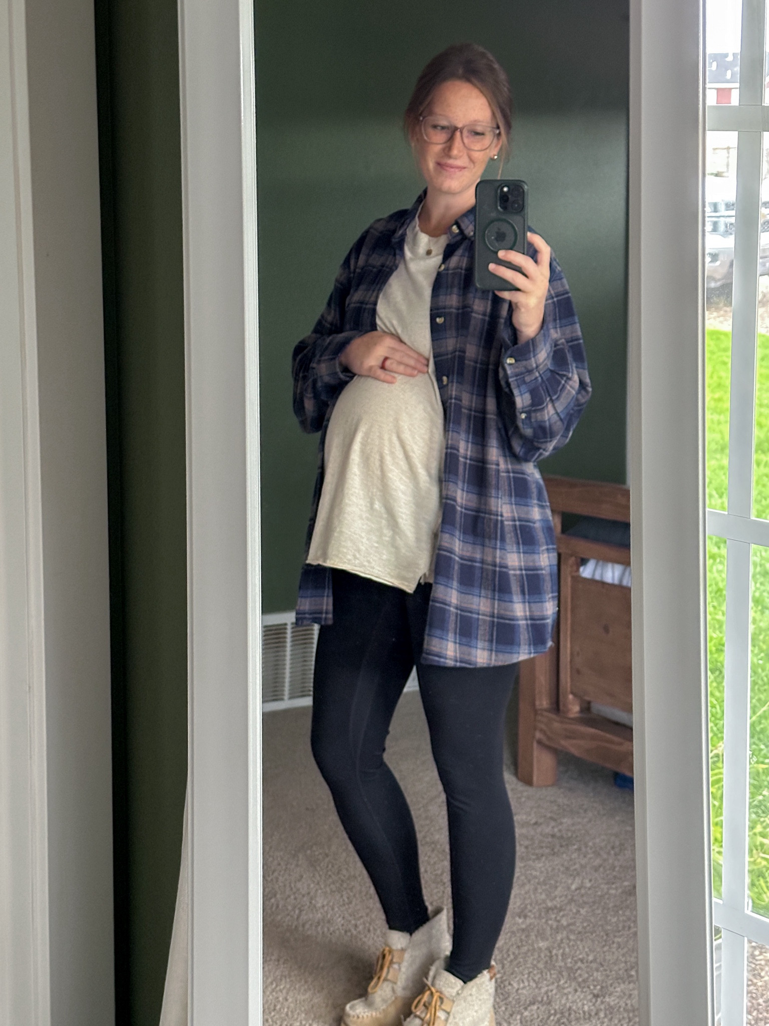 Maternity outfit for cozy days 🍂 Shirt isn’t maternity, but wearing my regular size small with plenty of room for the bump 💜 Flannel is Walmart - can’t find the exact color anymore but linked similar

#LTKFindsUnder50 #LTKBump