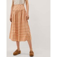 Monsoon Pure Cotton Gingham Midi A-Line Skirt Orange Mix | Marks & Spencer (UK)
