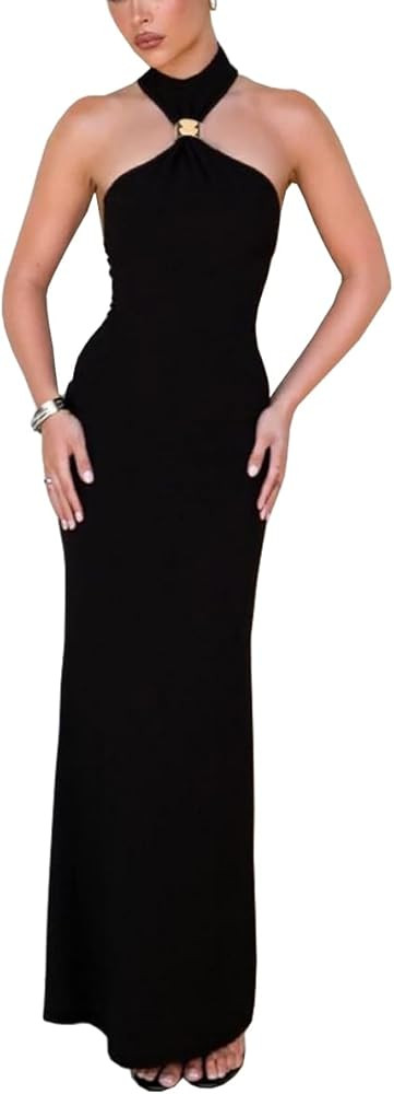 Women Halter Maxi Dress High Neck Sleeveless Back Slit Hem Elegant Party Cocktail Long Formal Dre... | Amazon (US)
