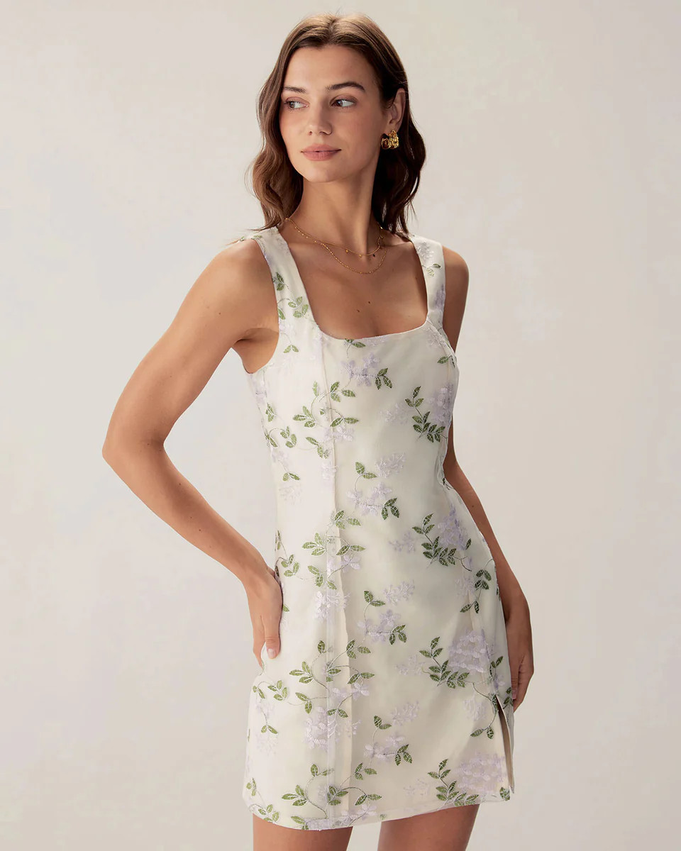 Beige Square Neck Embroidery Slit Slip Mini Dress | rihoas.com