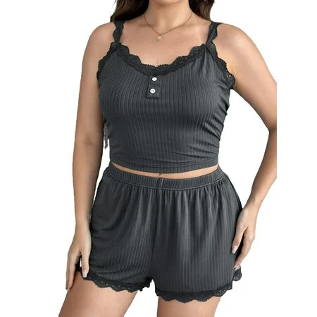 Womens Plus Pajamas Sets Plain Short Sets Sleepwear PJ Set Dark Grey 5XL | Walmart (US)