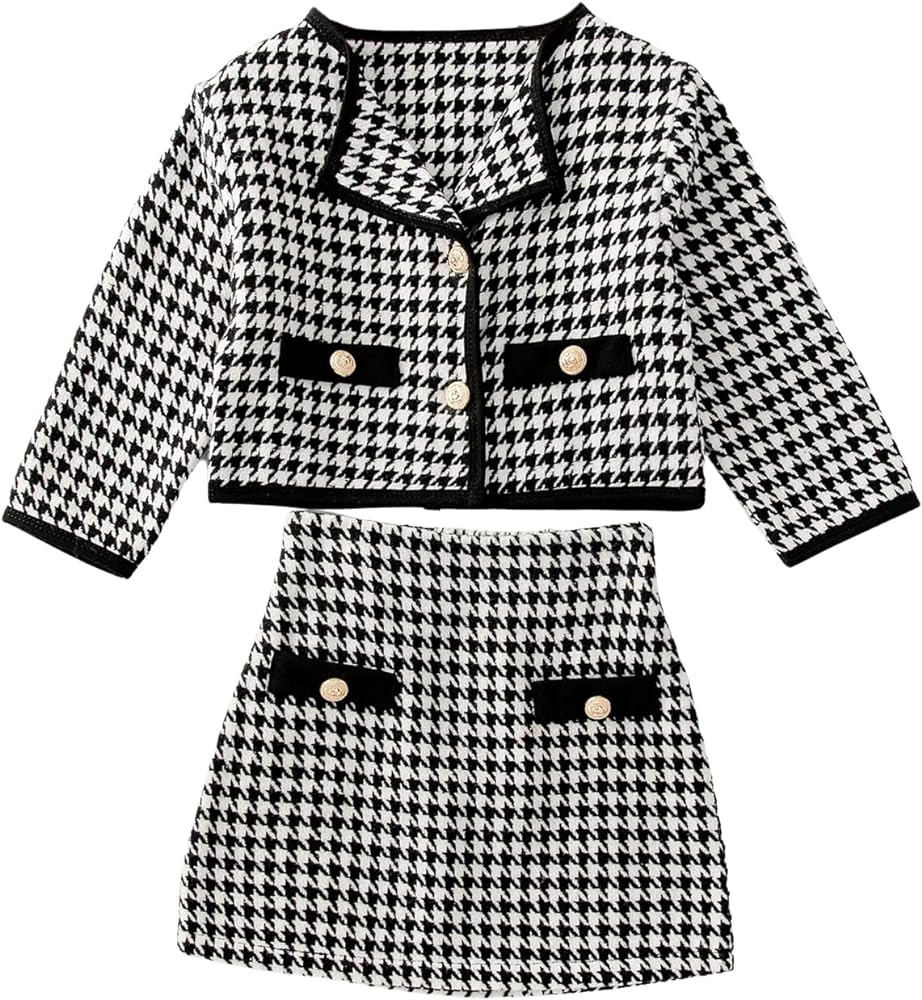 WDIRARA Girl's 2 Piece Houndstooth Outfits Tweed Jacket and Skirt Set Tea Party Suits | Amazon (US)