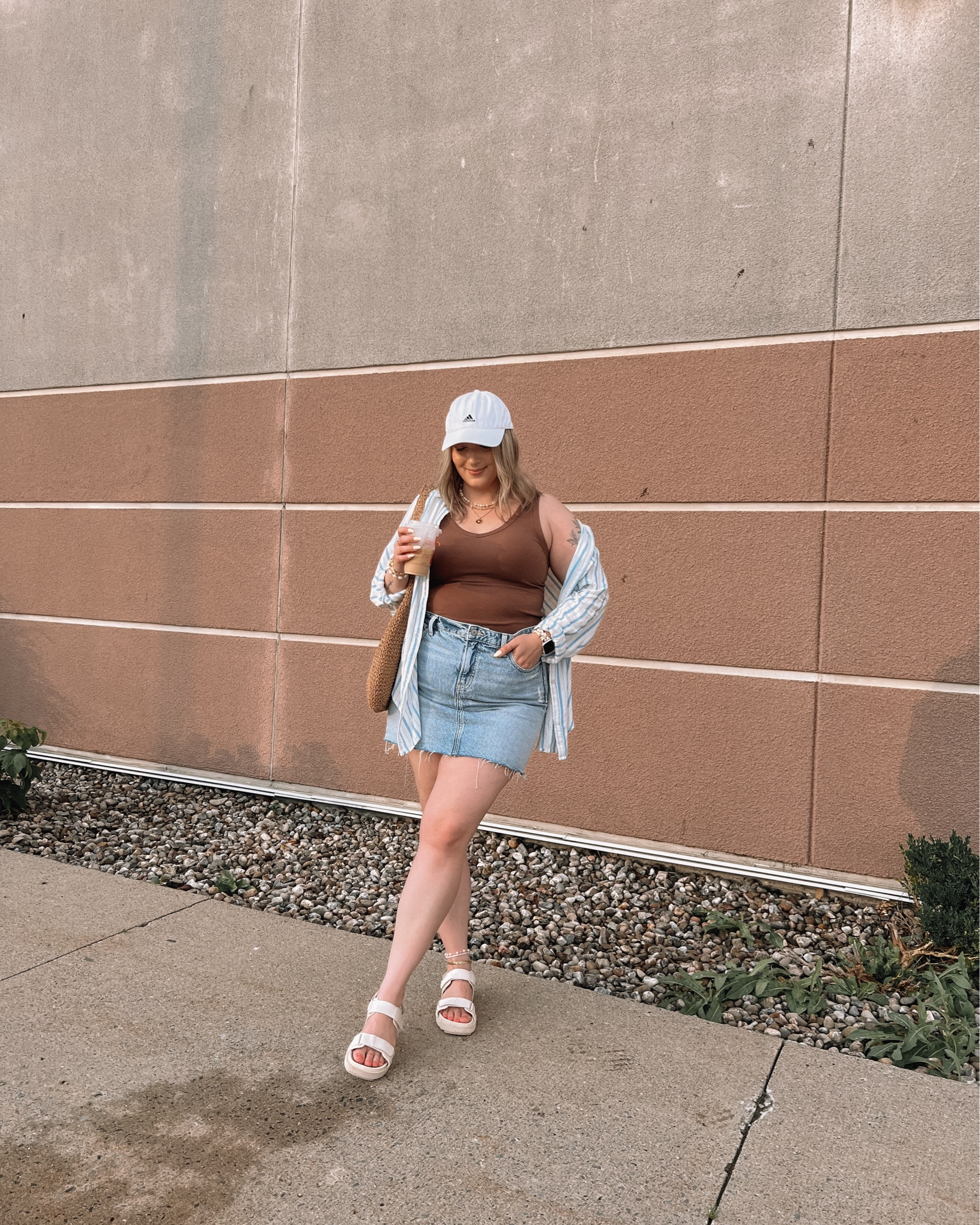 Casual midsize summer outfit - denim mini skirt (size 14), basic tank top (M), striped linen button up shirt (L), dad sandals (run a little big, went down half a size), Amazon straw tote bag, adidas baseball cap 


#LTKcanada #LTKsummer #LTKmidsize