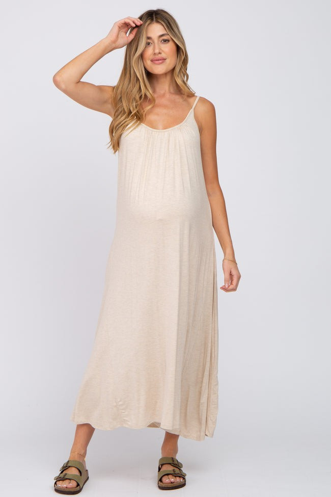 Beige Solid Sleeveless Maternity Maxi Dress | PinkBlush Maternity