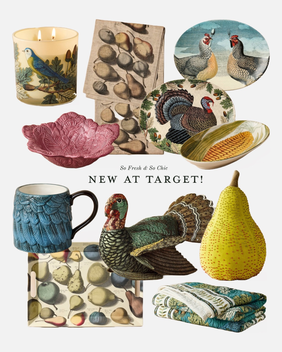 John Derian for Target! Anthropologie inspired Thanksgiving decor.
-
Stuffed Turkey figure - stuffed chicken figure - stuffed pear pillow - stuffed mushroom pillow - feather mug - pear print tray - pear print runner - Thanksgiving table decor - Thanksgiving decorations - target Thanksgiving - throw blanket - bird cocktail glasses - colored glass coupe glasses - Thanksgiving serveware - Thanksgiving dishes - whimsical Thanksgiving 

#LTKHome #LTKSeasonal #LTKFindsUnder50
