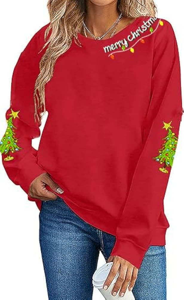 Christmas Sweaters for Women Merry Christmas Sweatshirt Crewneck Long Sleeve Xmas Tree Graphic Pullover Tops | Amazon (US)
