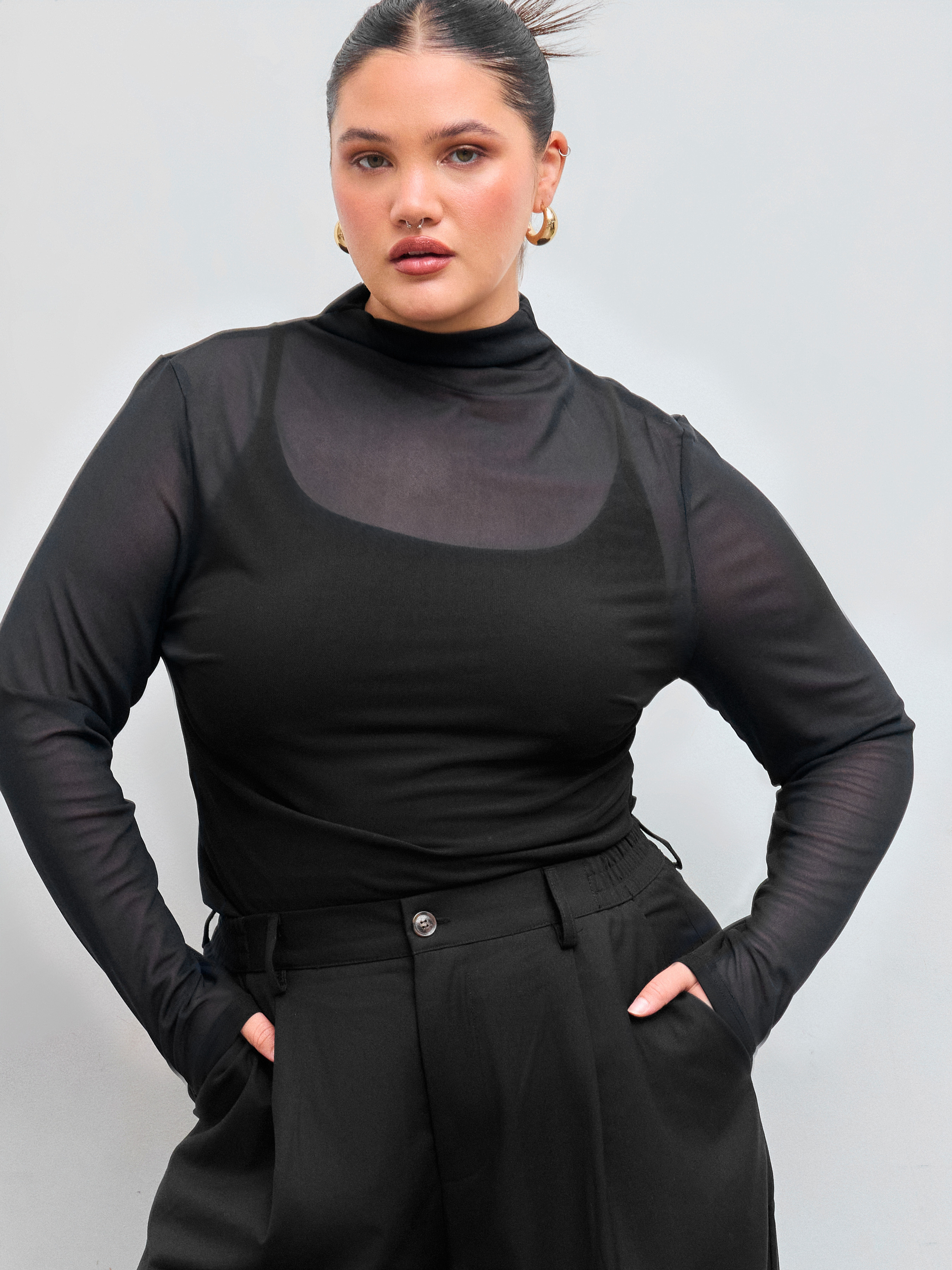 Mesh Mesh Stand Collar Solid See-through Long Sleeve Top Curve & Plus For Date | Cider