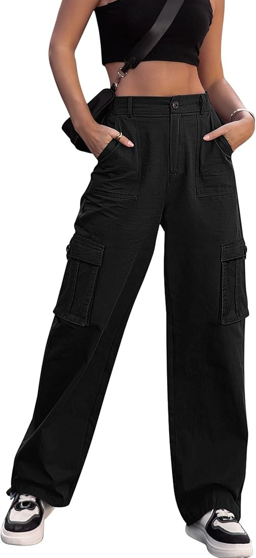 ZMPSIISA Women High Waisted Cargo Pants Wide Leg Casual Pants 6 Pockets Combat Military Trousers | Amazon (US)