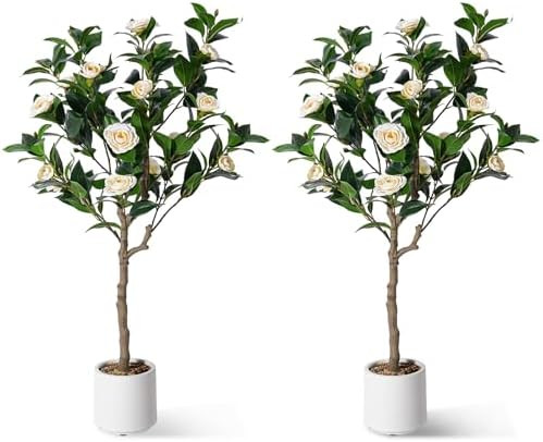 Artificial Camellia Tree 4ft, 2 Pack Indoor Fake Plant with Realistic Trunk, Leaves, Flowers and ... | Amazon (US)