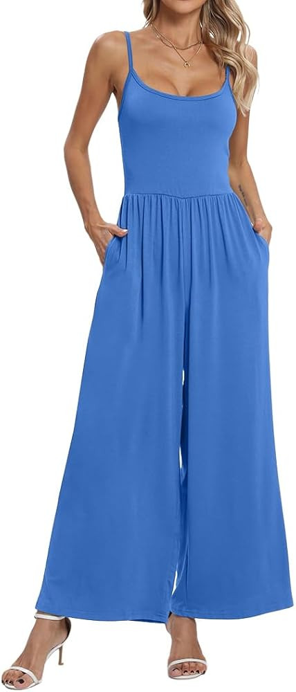 Womens Summer Casual Jumpsuits Square Neck Sleeveless Spaghetti Strap Wide Leg Long Pant Rompers ... | Amazon (US)