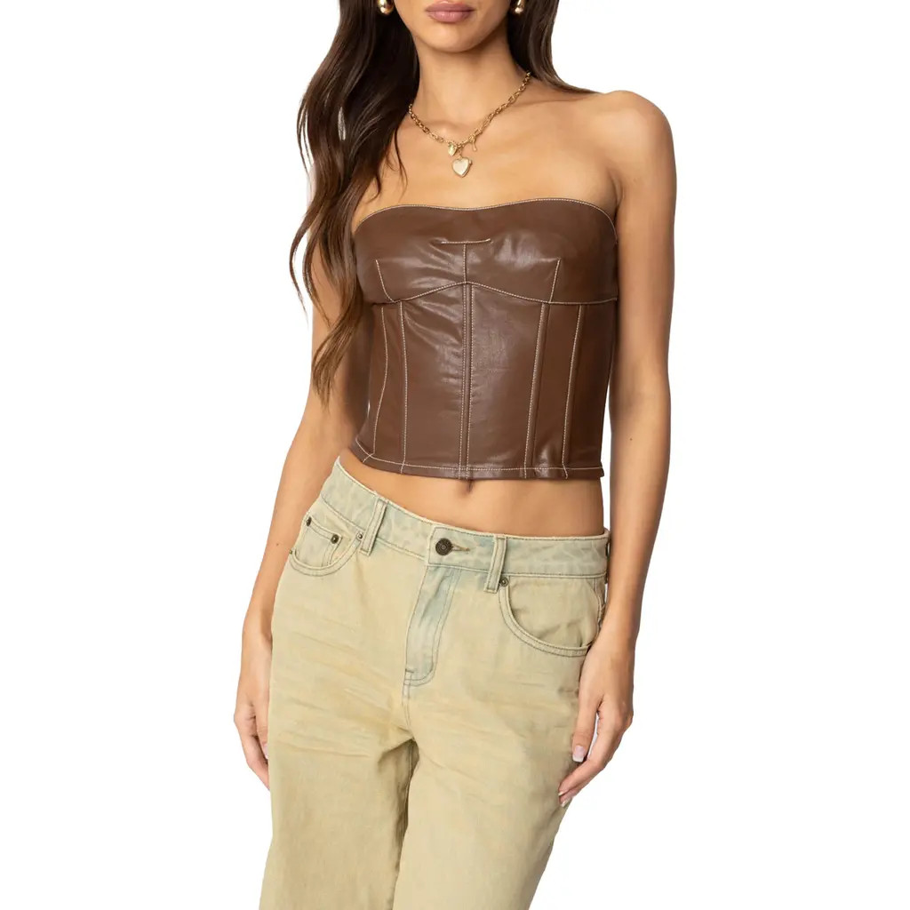 EDIKTED Moss Faux Leather Lace-Up Corset Top in Brown at Nordstrom, Size Large | Nordstrom