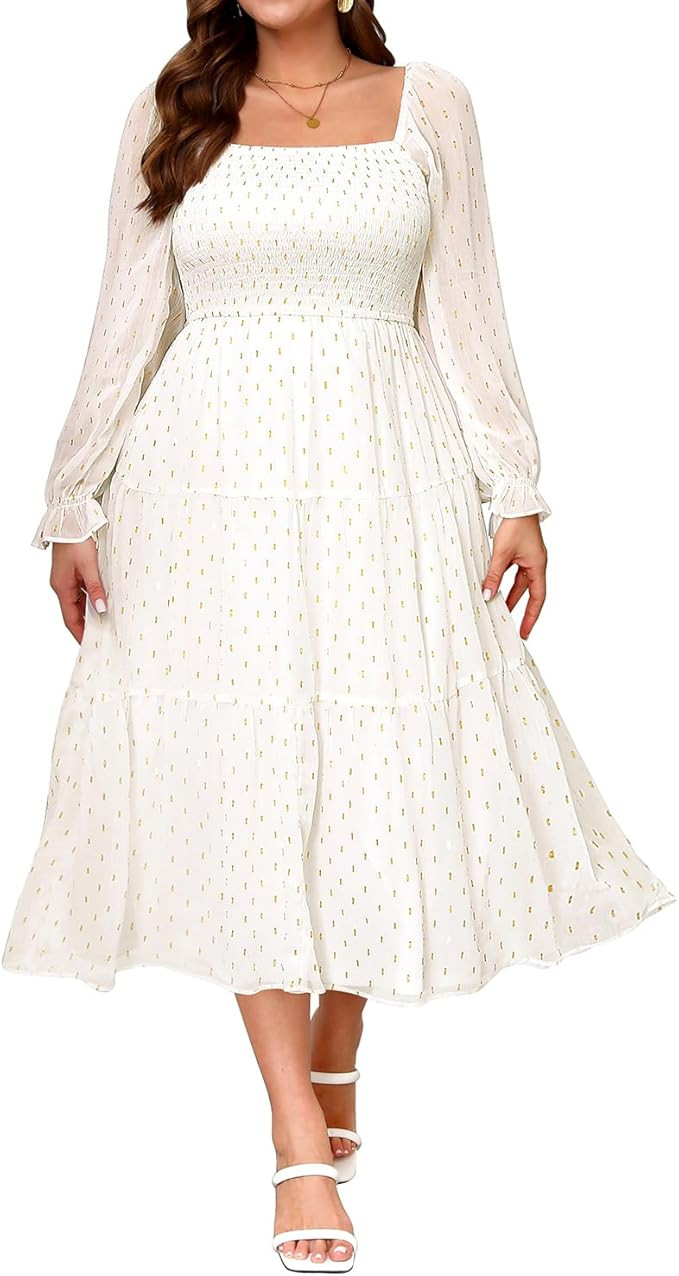 Plus Size Summer Dress - Bridal Shower Graduation Wedding Guest Gold Dots Smocked Midi Dresses | Amazon (US)