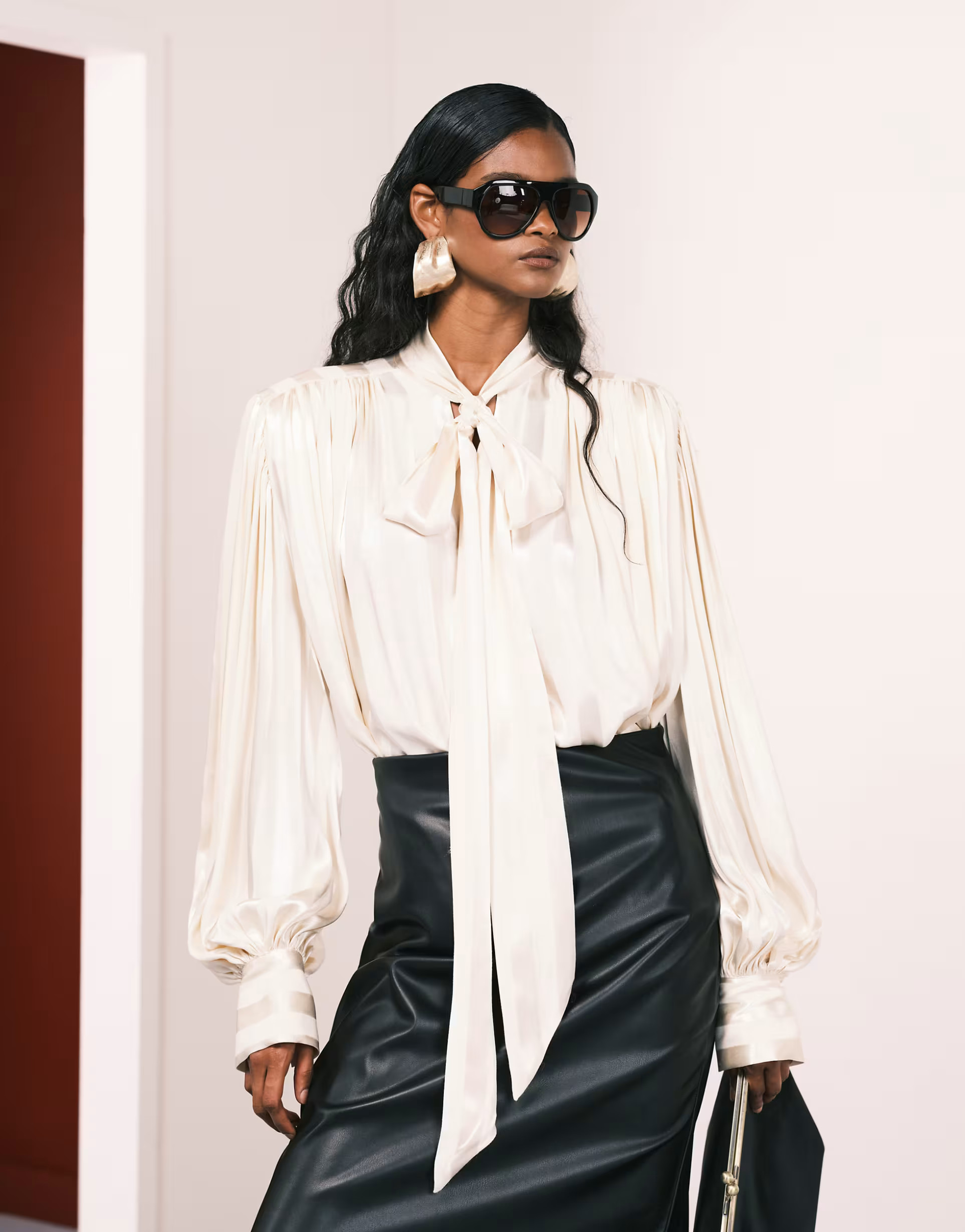 ASOS DESIGN satin shoulder pad volume gathered blouse in ecru stripe | ASOS (Global)