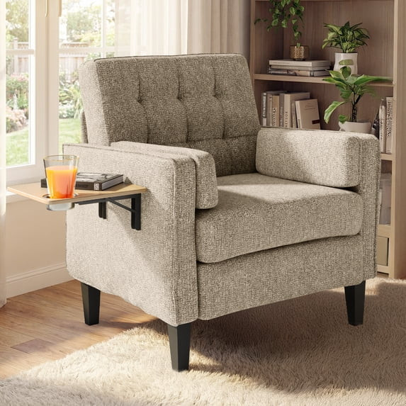 Harbweb Chenille Accent Chair with Foldable Side Table & Cup Holder, Beige | Walmart (US)