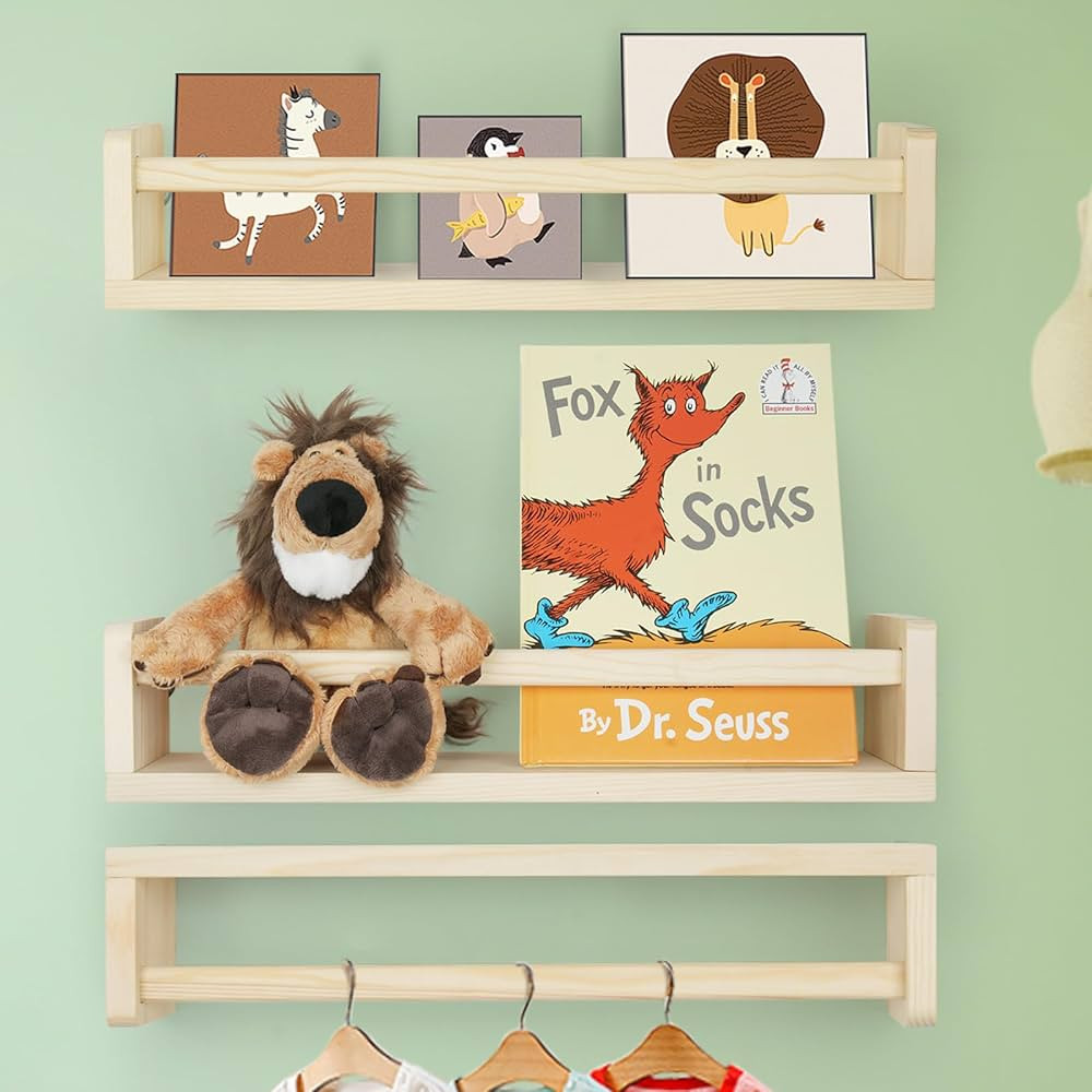 Floating Book Shelves for Wall, 16.5 inch Natural Wood Nursery Shelves for Book Storage, Solid Pi... | Amazon (US)