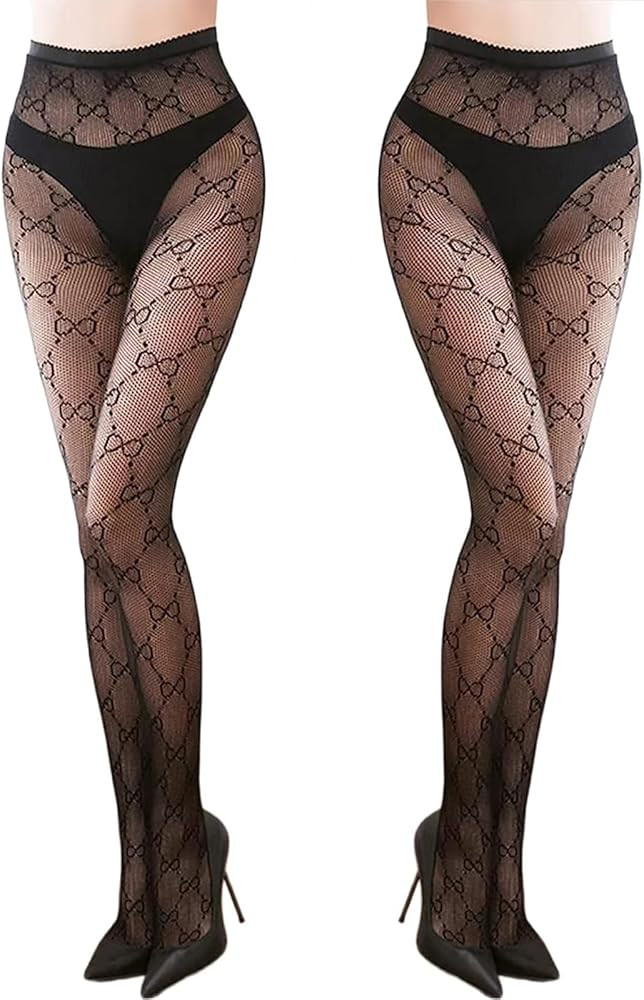 Women's Patterened Fishnet Tights, 2pcs High Waist Floral Fishnet Stocking | Amazon (US)