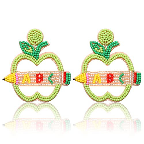 Boderier Teacher Earrings Apple Beaded Earrings for Women Statement Pencil Earrings Teacher Appreciation Gift Sage | Amazon (US)