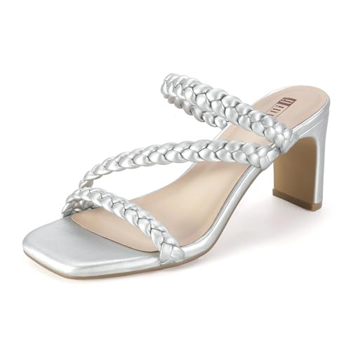 IDIFU IN3 Silver Strappy Heels for Women Braided Chunky Block Low Square Toe Heels Dress Shoes for Women Wedding Dressy Comfortable Slip On Heeled Sandals Mules Slide Heels (Silver Pu, 9.5 M US) | Amazon (US)