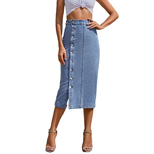Button Up Denim Skirt for Women Midi Length High Waist Slim Fit Jean Pencil Skirt below Knee Length with Split Blue | Amazon (US)