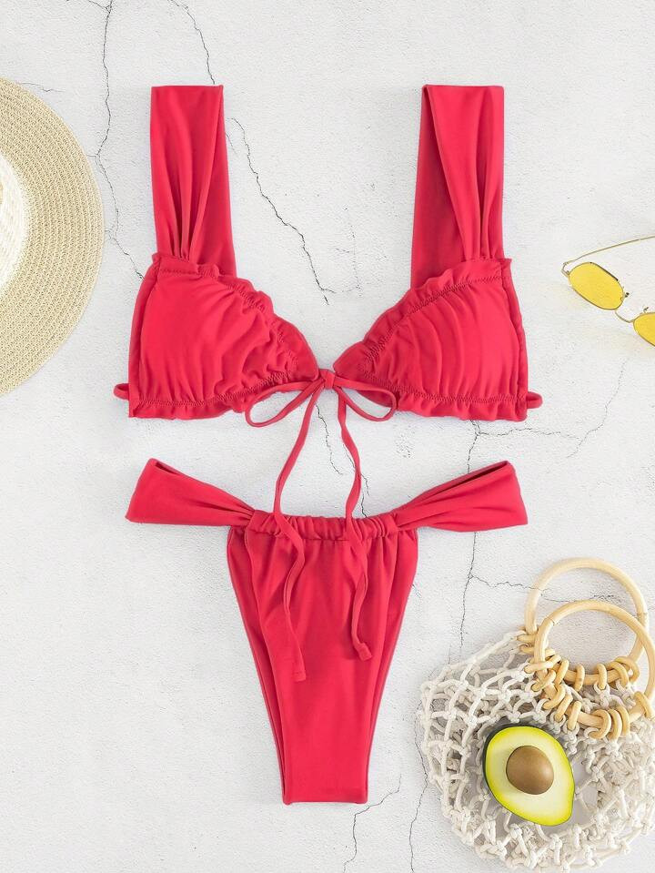 New Sexy Solid Color Bikini Swimsuit For Women, Halter Neck Lace-up Bandeau Top & Brief Bottom Wi... | SHEIN