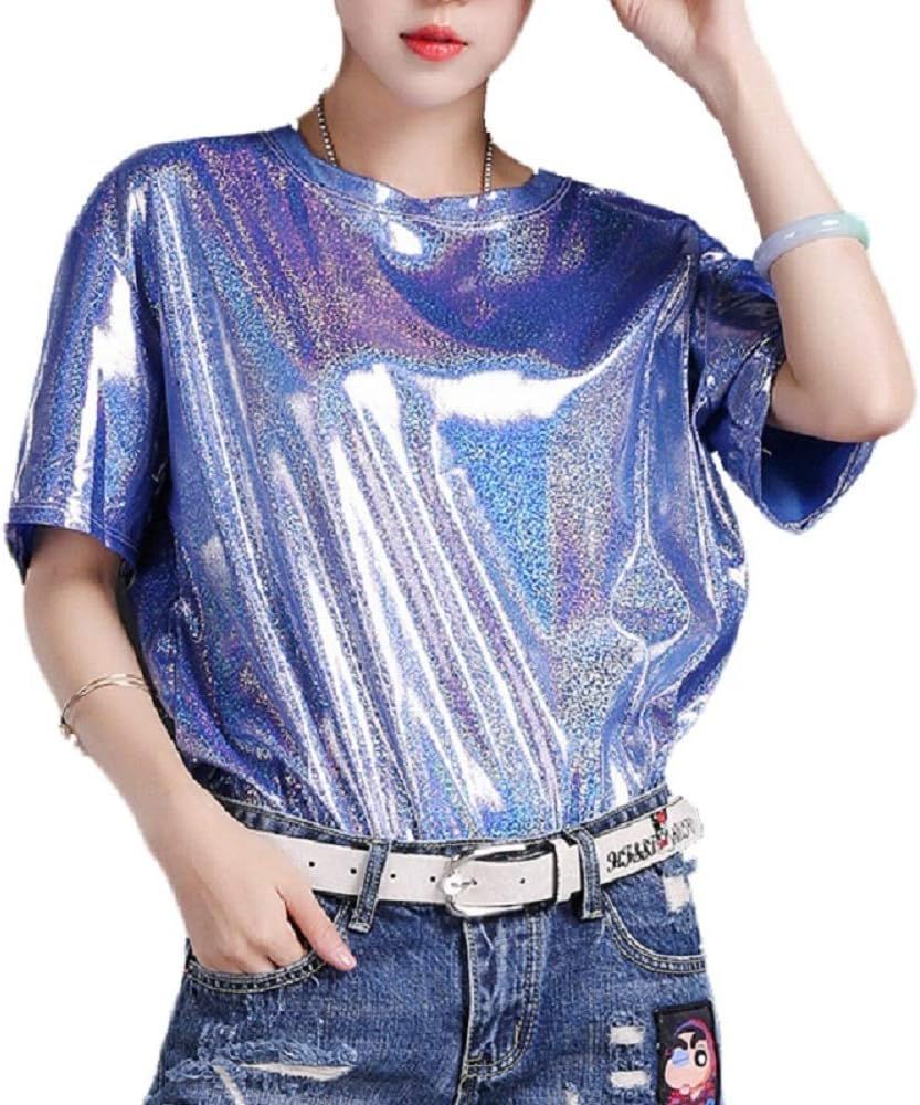 Women Glitter Shiny Metallic T Shirt Tank Tops Holographic Rave Festival Blouse | Amazon (US)
