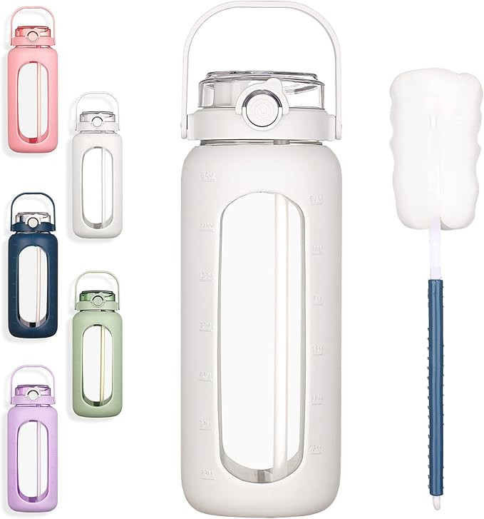 BLUEGO 56oz Glass Water Bottles with Straw Time Marker Half Gallon Large Motivational Water Bottl... | Amazon (US)