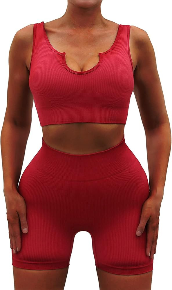 Seamless Workout Sets for Women 2 Piece Yoga Outfits Ribbed High Waist Leggings with Sports Bra Gym  | Amazon (US)