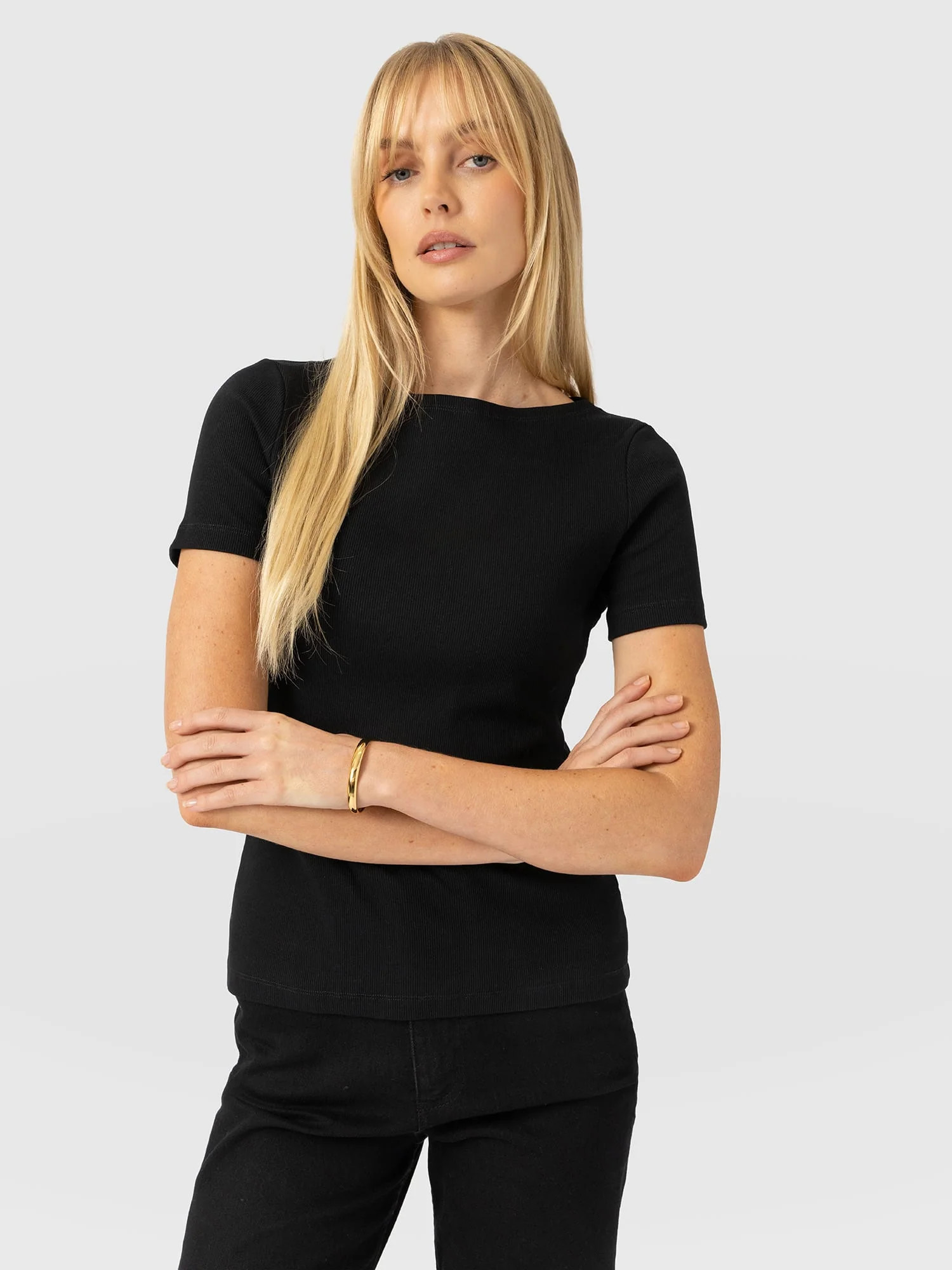 Austen Boat Neck Short Sleeve Tee - Black | Saint + Sofia UK