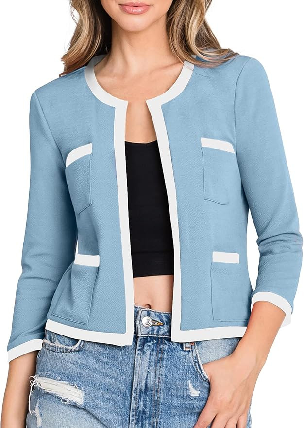DOUBLJU Women's 3/4 Sleeve Blazer Open Front Round Neck Cropped Jacket Work Office | Amazon (US)