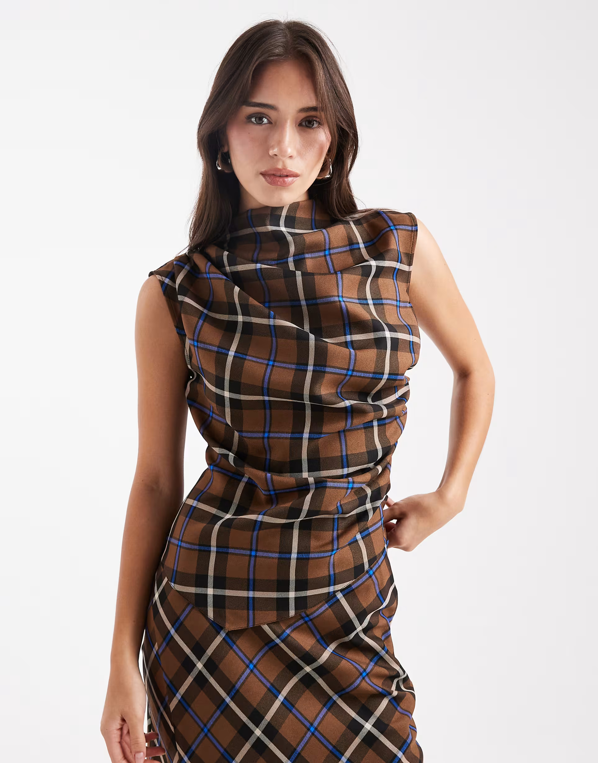 ASOS DESIGN high neck ruched detail sleeveless co-ord  top in brown check | ASOS | ASOS (Global)