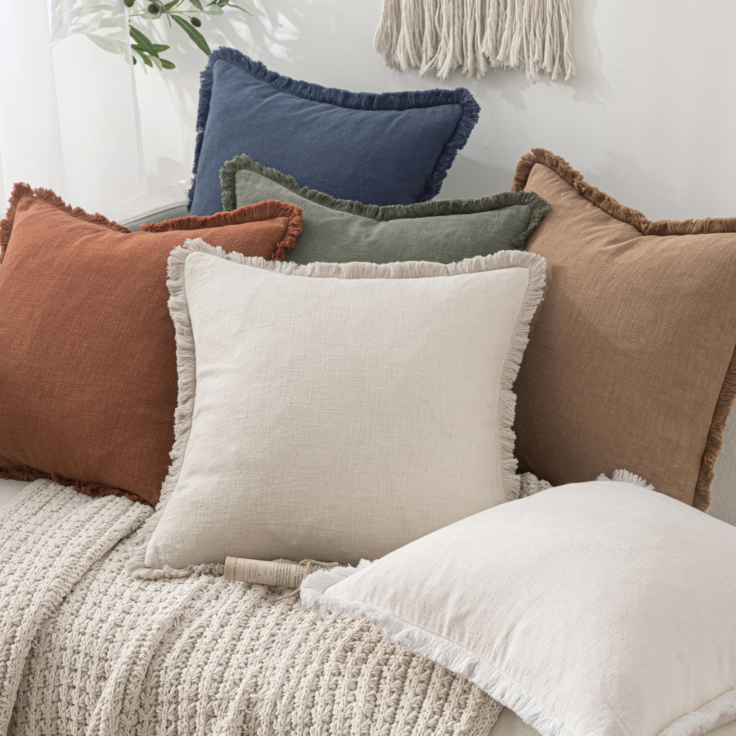 MIULEE Decorative Throw Pillow Covers Neutral Linen Fringe Throw Pillows Set of 2 Light Olive Gre... | Amazon (US)