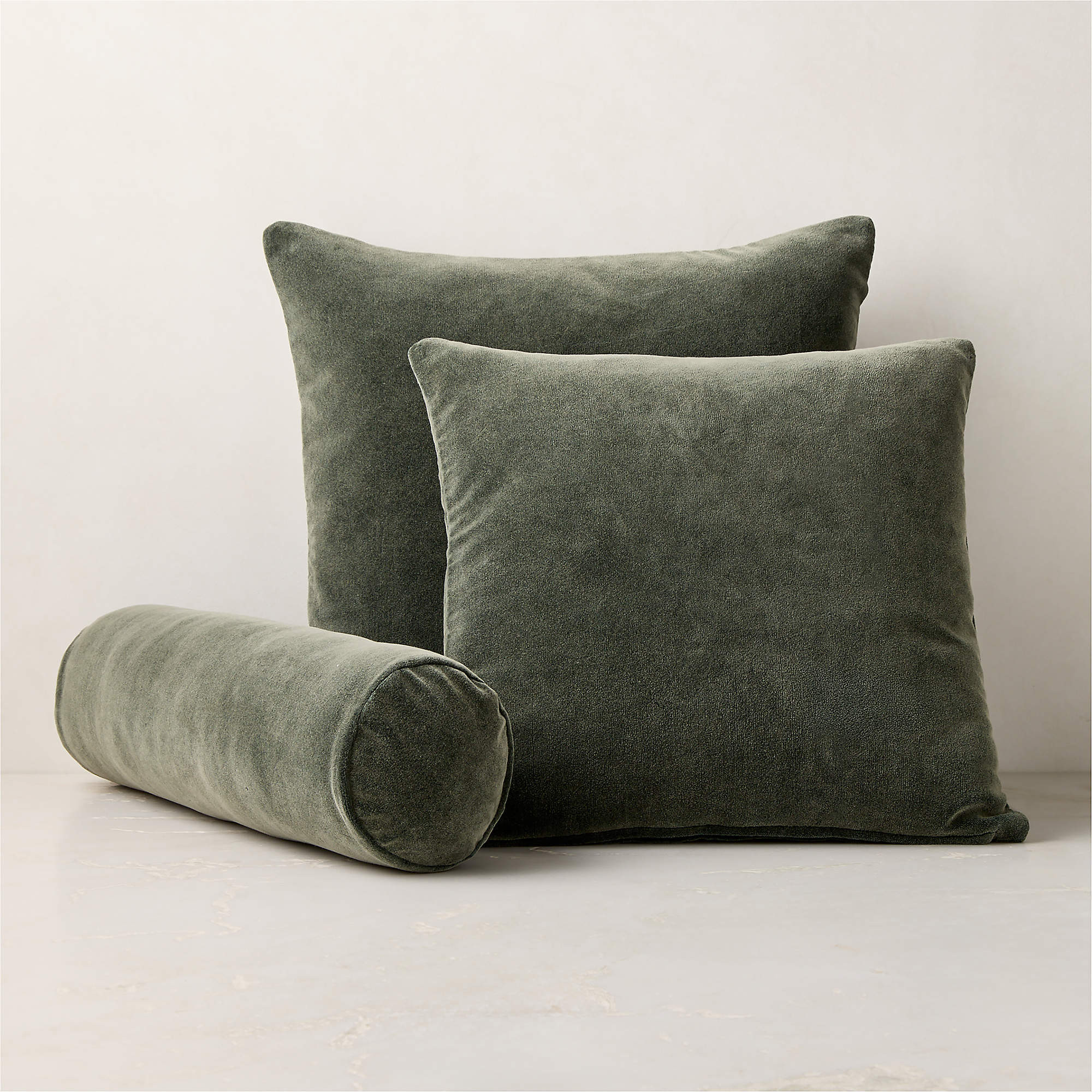 Encino Smoked Green Organic Cotton Stonewashed Velvet Bolster Throw Pillow 24"x6" + Reviews | CB2 | CB2