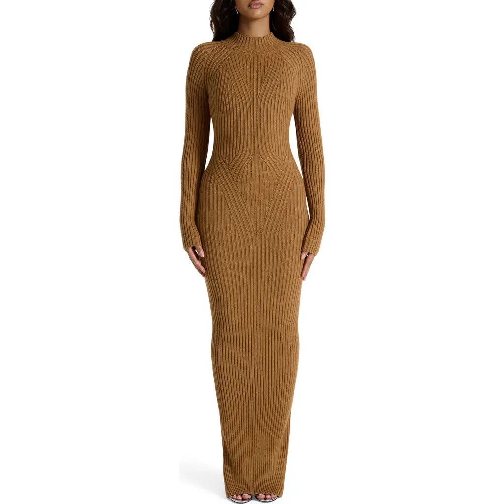 Naked Wardrobe Long Sleeve Body-Con Maxi Dress in Camel at Nordstrom, Size Small | Nordstrom