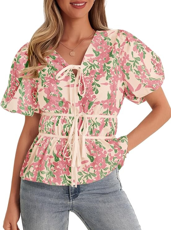 Cicy Bell Womens Puff Sleeve Tie Front Tops Summer Babydoll Peplum V Neck Blouse Casual Dressy Pl... | Amazon (US)