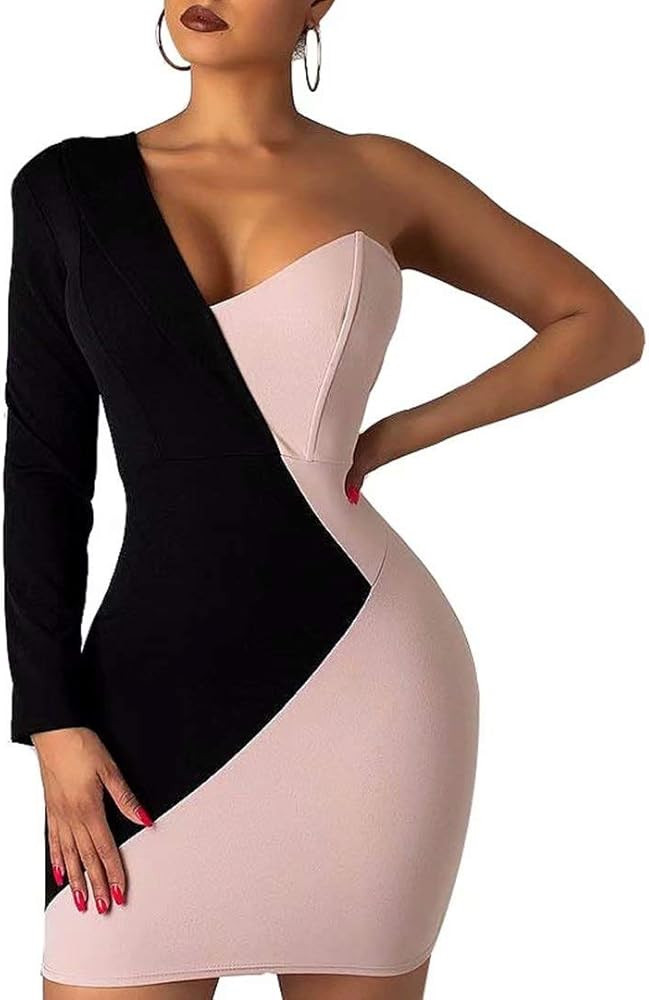 Women's Long Sleeve V Neck Colorblock One Off Shoulder Irregular Slim Sexy Bodycon Business Mini ... | Amazon (US)