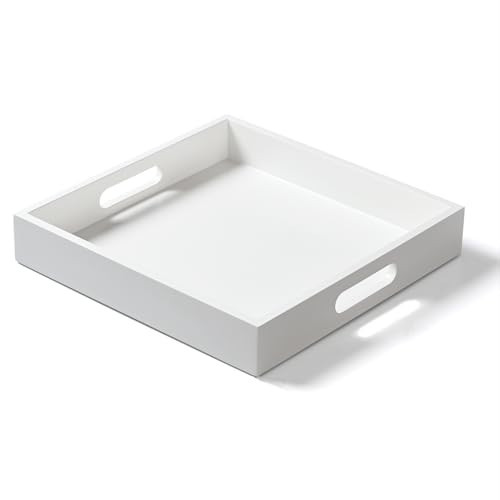 White Wooden Serving Tray with Handles, 12"x12"x2"H Square Countertop Organizer Tray， Decorative Cosmetics Trays for Kitchen, Bathroom, Sturdy Food Trays for Breakfast, Tea | Amazon (US)