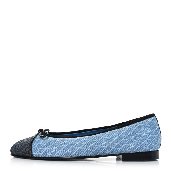 Denim Embroidered Grosgrain CC Cap Toe Ballerina Flats 38 Blue Black | FASHIONPHILE (US)