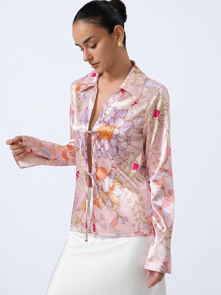 SHEIN Privé Women's Glossy Colorful Random Print Loose Fit Tie-Up Long Sleeve Shirt, Versatile Fall Cloth For Women | SHEIN
