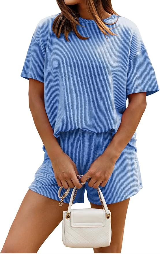 miduo Womens 2 Piece Sets Ribbed Textured Knit Casual Short Sleeve Shirts Shorts Two Piece Lounge... | Amazon (US)