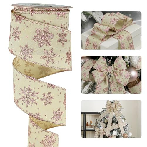 HUIHUANG Snowflake Christmas Ribbon Wired Rose Gold Snowflake Burlap Ribbon for Tree, Bows Making, Wreaths, Gift Wrapping, Home Decor, Garland, Crafts-2.5 inch X 10 Yards | Amazon (US)