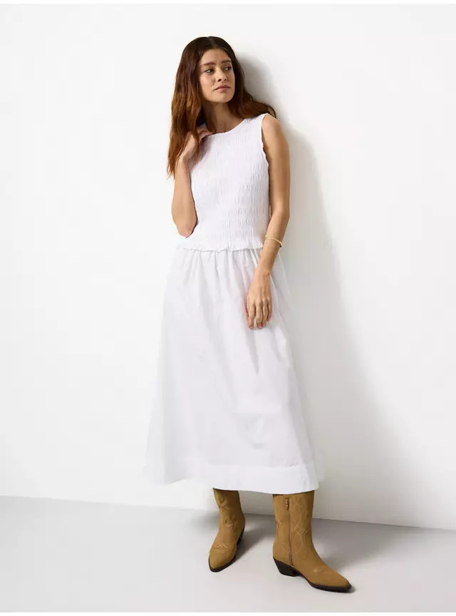 White Poplin Shirred Sleeveless Midaxi Dress 18 | Tu Clothing