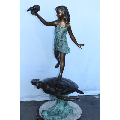Yuriko Brass Adventurous girl on a turtle bronze statue fountain - Size: 35" x 29" x 56"H. | Wayfair North America