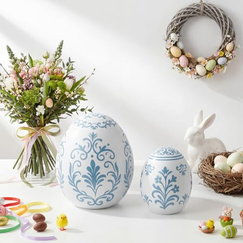 Bucherry 2 Pcs Large Easter Ceramic Egg 5 Inch, 3.5 Inch Blue and White Chinoiserie Ceramic Egg F... | Amazon (US)