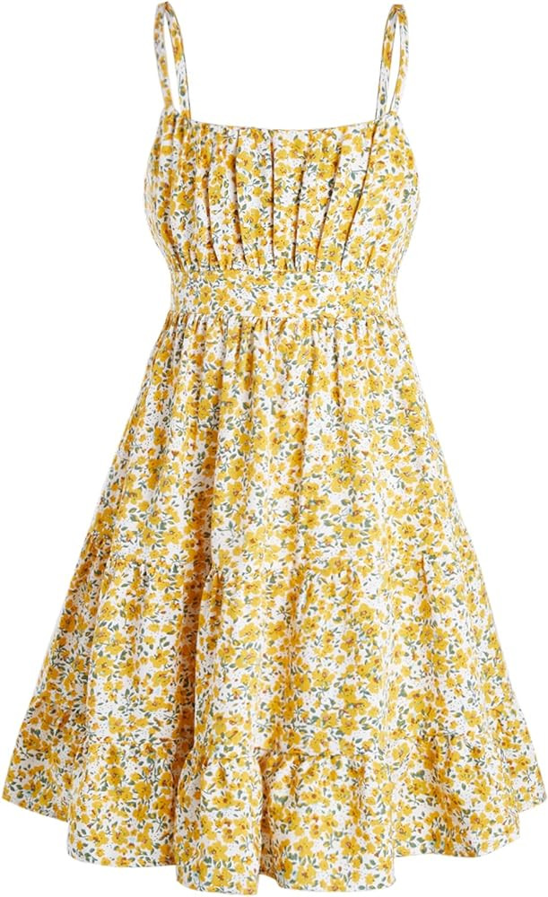 Floerns Girl's Floral Print Sleeveless Ruched Ruffle Hem A Line Cami Short Dress | Amazon (US)