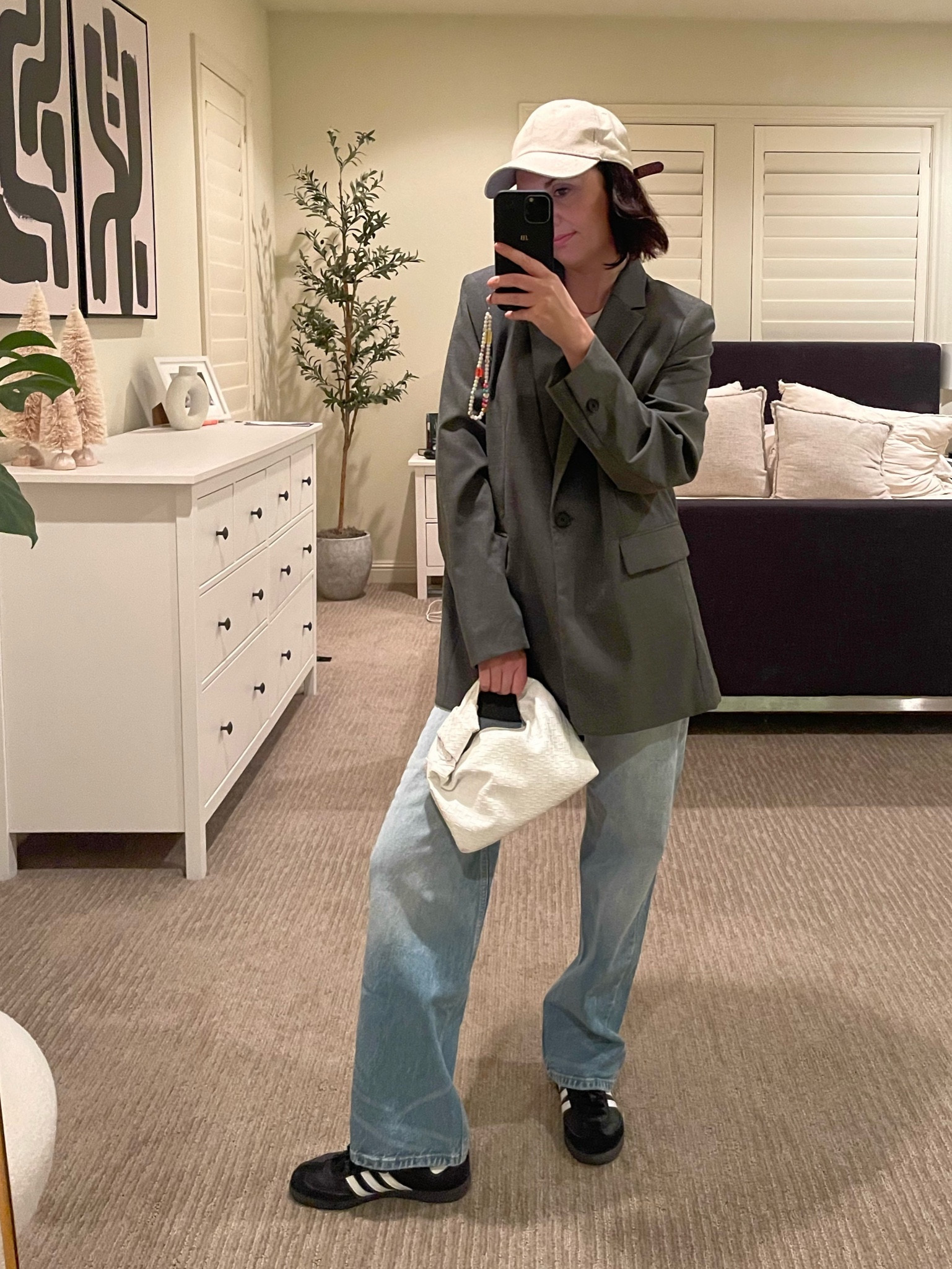Grey blazer 
Baggy jeans 
#lookforless bag woven knot bag from Amazon , cap , adidas sambas 

#LTKitbag #LTKshoecrush #LTKstyletip