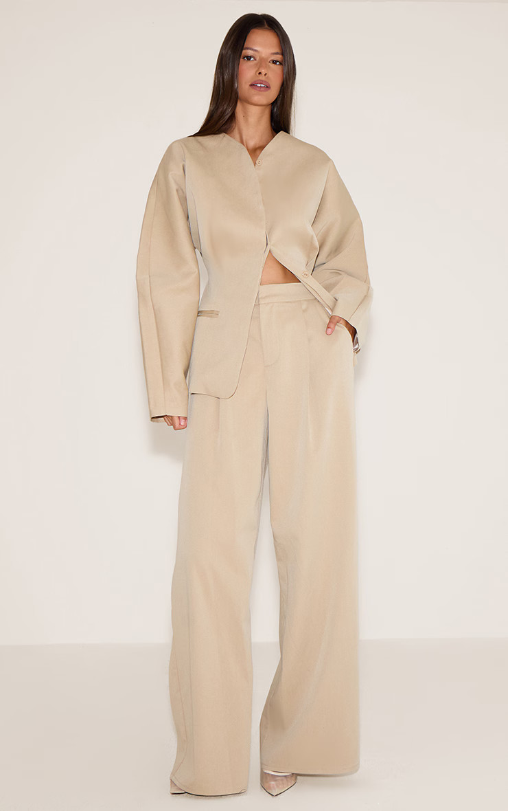 Sand Premium Woven Tailored Wide Leg Pleated Front Trousers | PrettyLittleThing UK