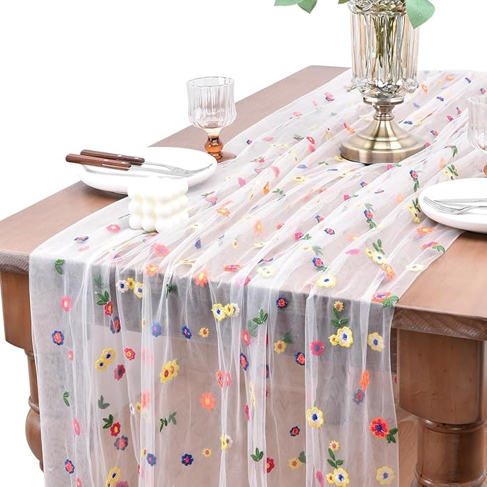 Joanlody Ivory Embroidery Daisy Spring Summer Table Runner 10ft Florals Seasonal Easter Tulle Tab... | Amazon (US)