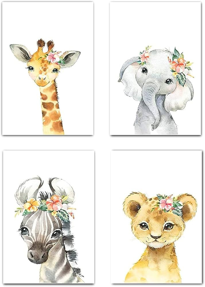 MARIA Safari Nursery Decor, Set of 4 UNFRAMED Flower Crown Watercolor Nursery Wall Art, Jungle Th... | Amazon (US)